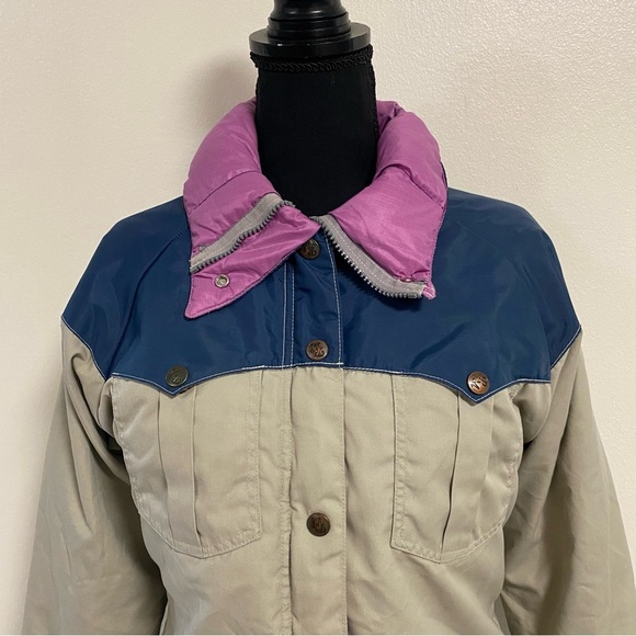 Powderhorn Mountaineering Jacket Girls Size 12 Tan Blue Vintage Down Jacket - Picture 3 of 17